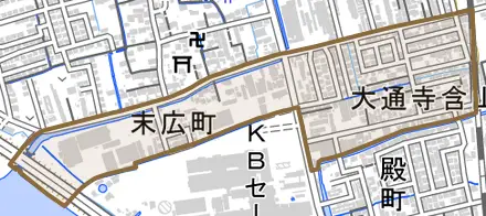 末広町とその周辺の地図。町の範囲を重ねている