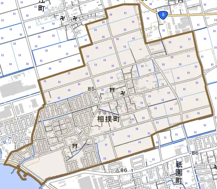 相撲町とその周辺の地図。町の範囲を重ねている