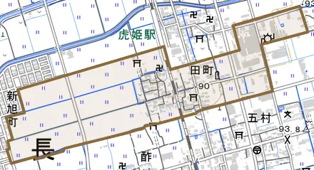 田町とその周辺の地図。町の範囲を重ねている