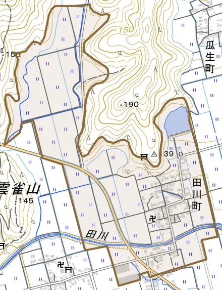 田川町とその周辺の地図。町の範囲を重ねている