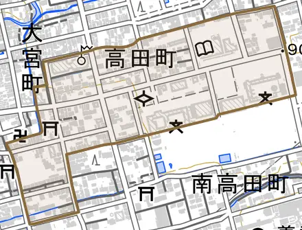高田町とその周辺の地図。町の範囲を重ねている