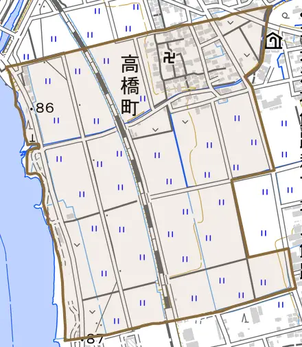 高橋町とその周辺の地図。町の範囲を重ねている