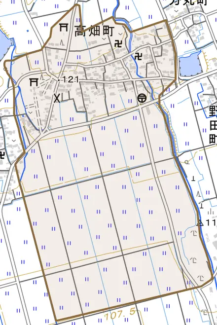高畑町とその周辺の地図。町の範囲を重ねている
