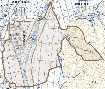 高月町雨森とその周辺の地図。町の範囲を重ねている