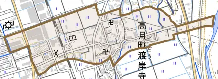 高月町渡岸寺とその周辺の地図。町の範囲を重ねている