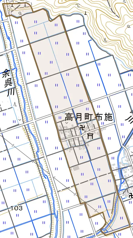 高月町布施とその周辺の地図。町の範囲を重ねている