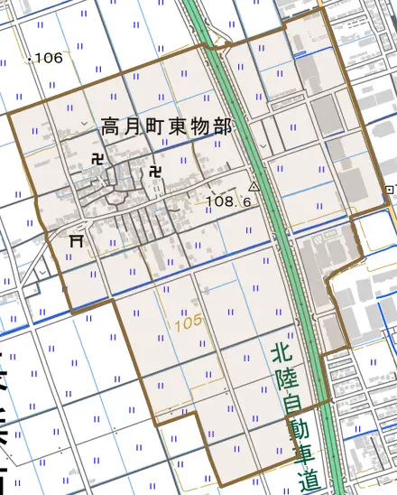 高月町東物部とその周辺の地図。町の範囲を重ねている