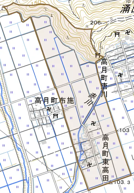 高月町東高田とその周辺の地図。町の範囲を重ねている