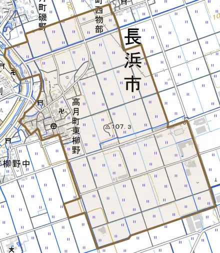 高月町東柳野とその周辺の地図。町の範囲を重ねている