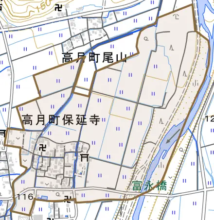 高月町保延寺とその周辺の地図。町の範囲を重ねている