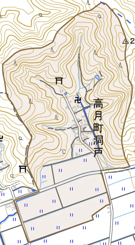 高月町洞戸とその周辺の地図。町の範囲を重ねている