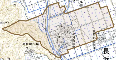高月町磯野とその周辺の地図。町の範囲を重ねている