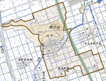 高月町唐川とその周辺の地図。町の範囲を重ねている