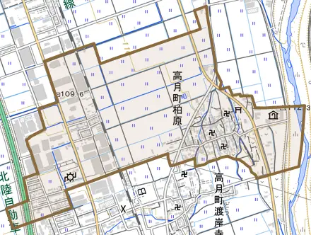 高月町柏原とその周辺の地図。町の範囲を重ねている
