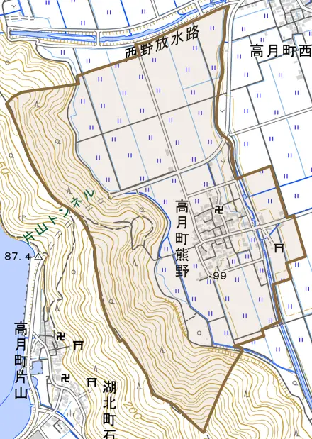高月町熊野とその周辺の地図。町の範囲を重ねている