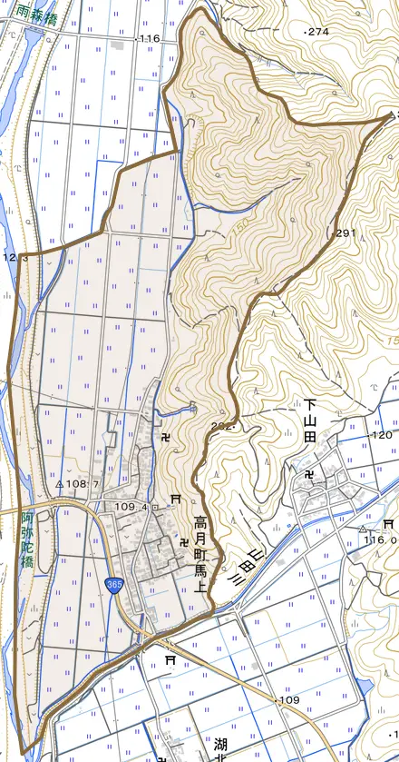 高月町馬上とその周辺の地図。町の範囲を重ねている