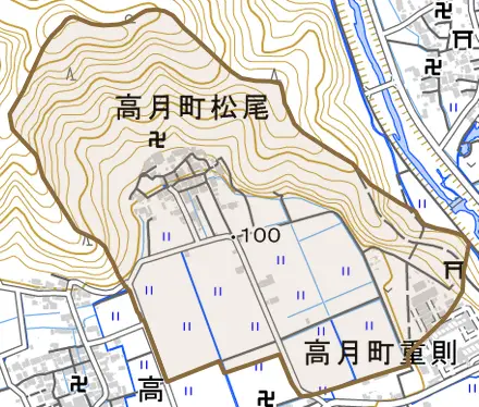 高月町松尾とその周辺の地図。町の範囲を重ねている