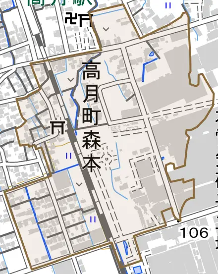 高月町森本とその周辺の地図。町の範囲を重ねている