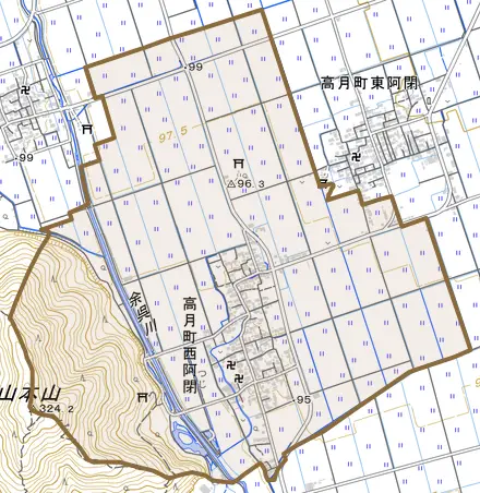 高月町西阿閉とその周辺の地図。町の範囲を重ねている