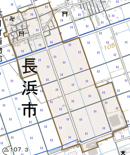 高月町西物部とその周辺の地図。町の範囲を重ねている
