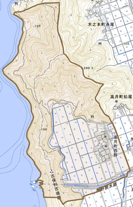 高月町西野とその周辺の地図。町の範囲を重ねている