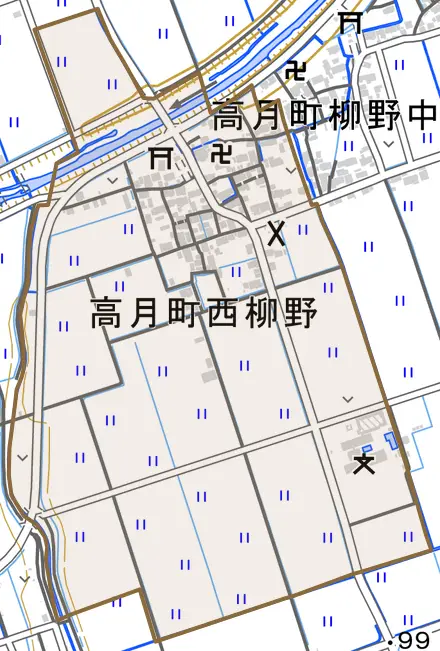 高月町西柳野とその周辺の地図。町の範囲を重ねている