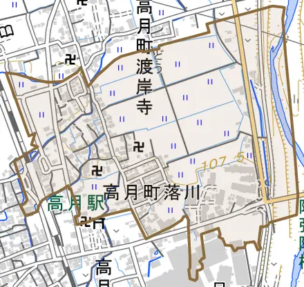 高月町落川とその周辺の地図。町の範囲を重ねている