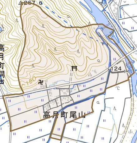 高月町尾山とその周辺の地図。町の範囲を重ねている