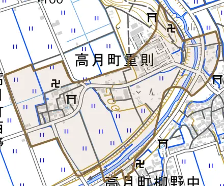 高月町重則とその周辺の地図。町の範囲を重ねている