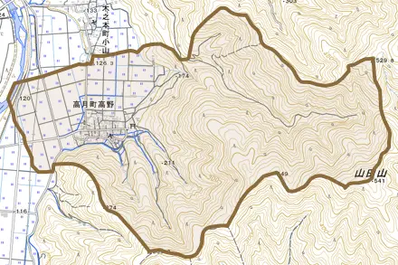 高月町高野とその周辺の地図。町の範囲を重ねている