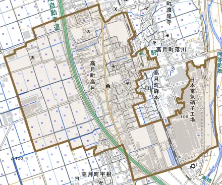 高月町高月とその周辺の地図。町の範囲を重ねている