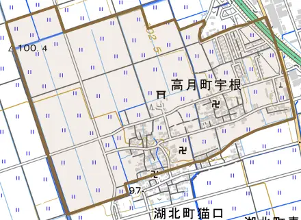 高月町宇根とその周辺の地図。町の範囲を重ねている