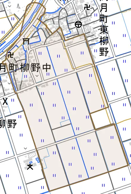 高月町柳野中とその周辺の地図。町の範囲を重ねている
