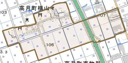 高月町横山とその周辺の地図。町の範囲を重ねている