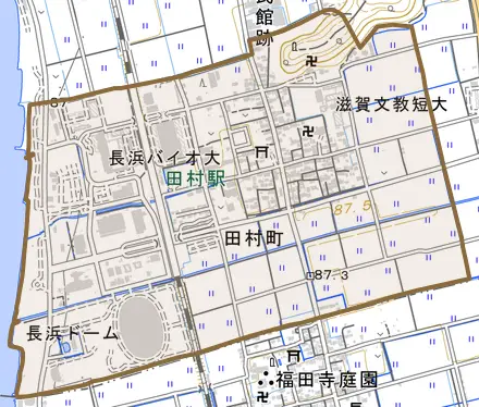 田村町とその周辺の地図。町の範囲を重ねている