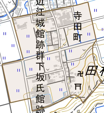 寺田町とその周辺の地図。町の範囲を重ねている