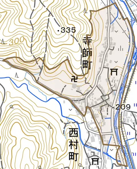 寺師町とその周辺の地図。町の範囲を重ねている