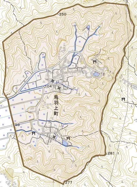鳥羽上町とその周辺の地図。町の範囲を重ねている