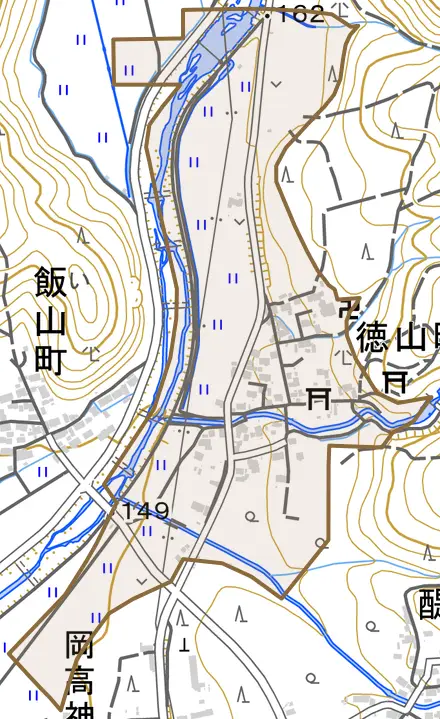 徳山町とその周辺の地図。町の範囲を重ねている
