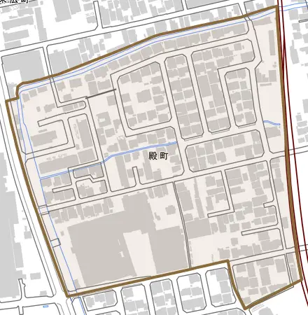 殿町とその周辺の地図。町の範囲を重ねている