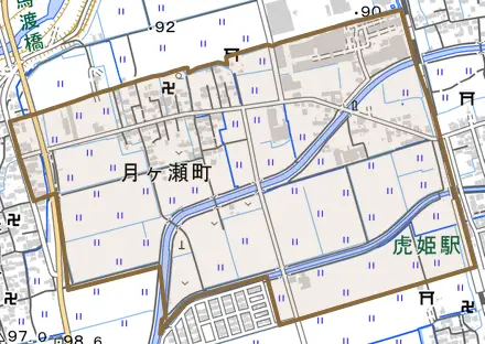 月ヶ瀬町とその周辺の地図。町の範囲を重ねている