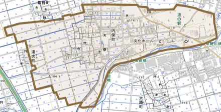 内保町とその周辺の地図。町の範囲を重ねている