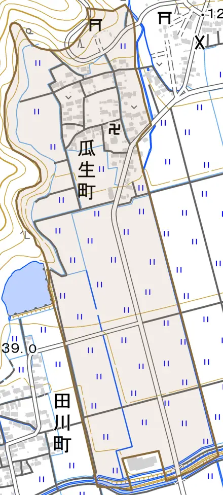 瓜生町とその周辺の地図。町の範囲を重ねている