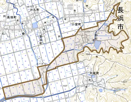 上野町とその周辺の地図。町の範囲を重ねている