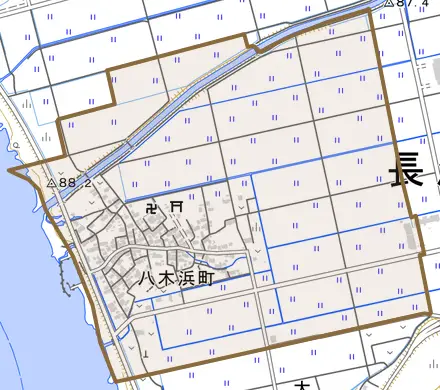 八木浜町とその周辺の地図。町の範囲を重ねている