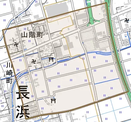 山階町とその周辺の地図。町の範囲を重ねている