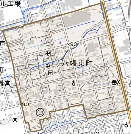 八幡東町とその周辺の地図。町の範囲を重ねている