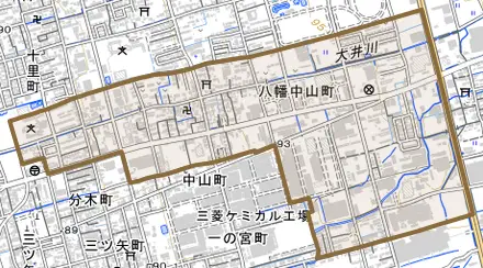 八幡中山町とその周辺の地図。町の範囲を重ねている