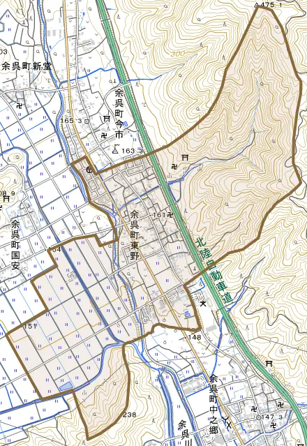 余呉町東野とその周辺の地図。町の範囲を重ねている