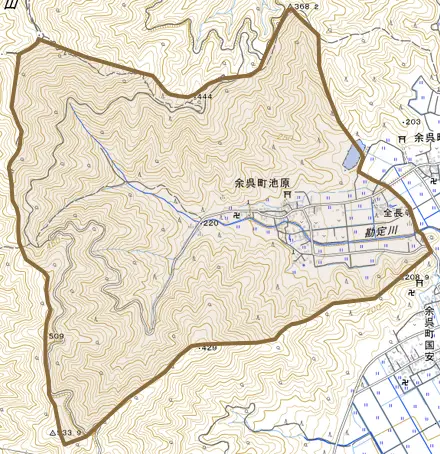 余呉町池原とその周辺の地図。町の範囲を重ねている
